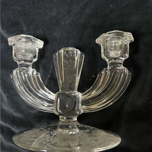 Lovely Vintage Tiffin Glass Double Light Candle Holder. Etched Flowers on base. - Picture 3 of 9